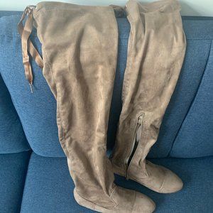 Tan Suede Over the Knee Boots w/ Ribbon Detail
